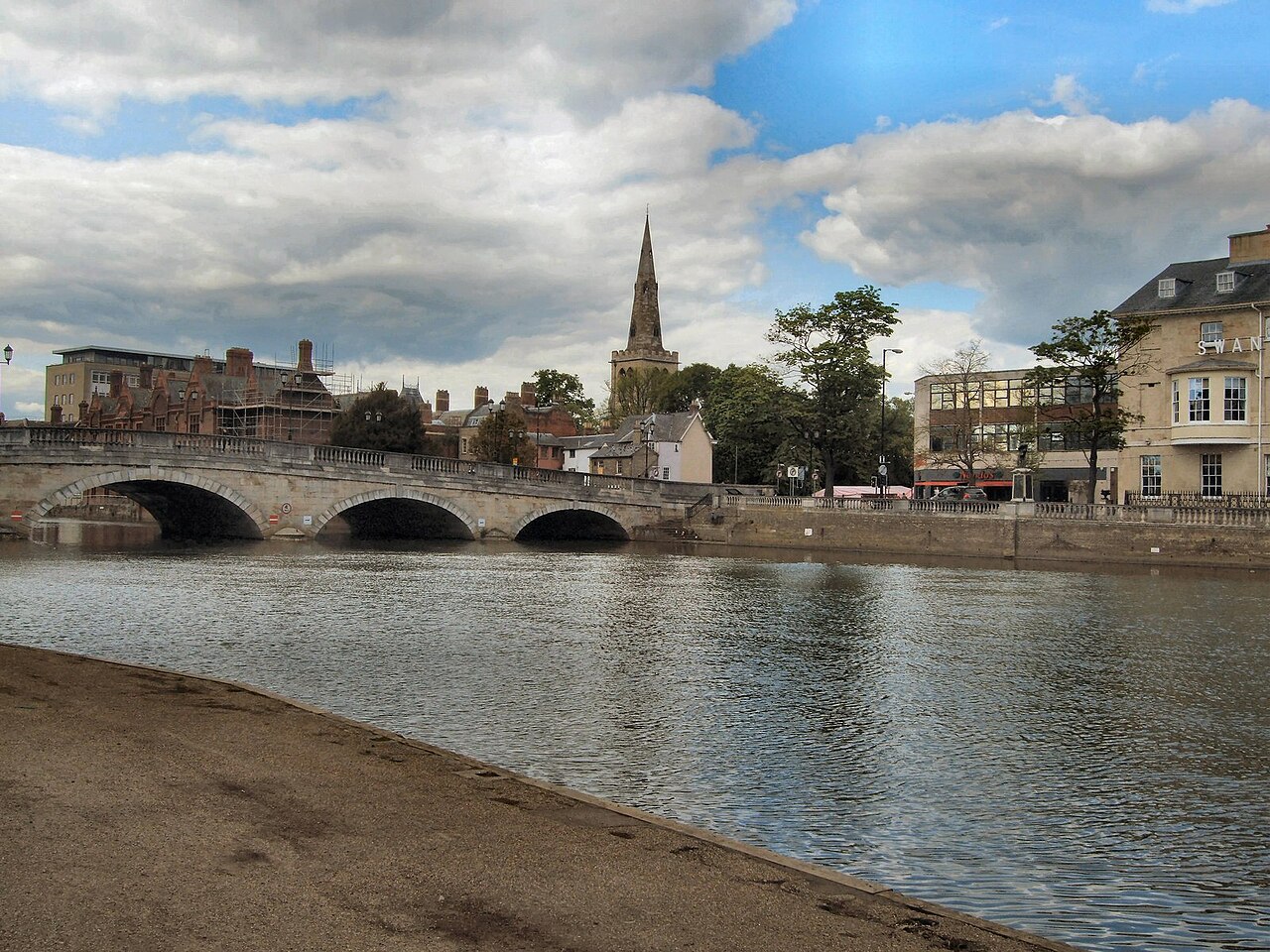 Bedford Town Bridge over the River Great Ouse with St Paul's Church beyond