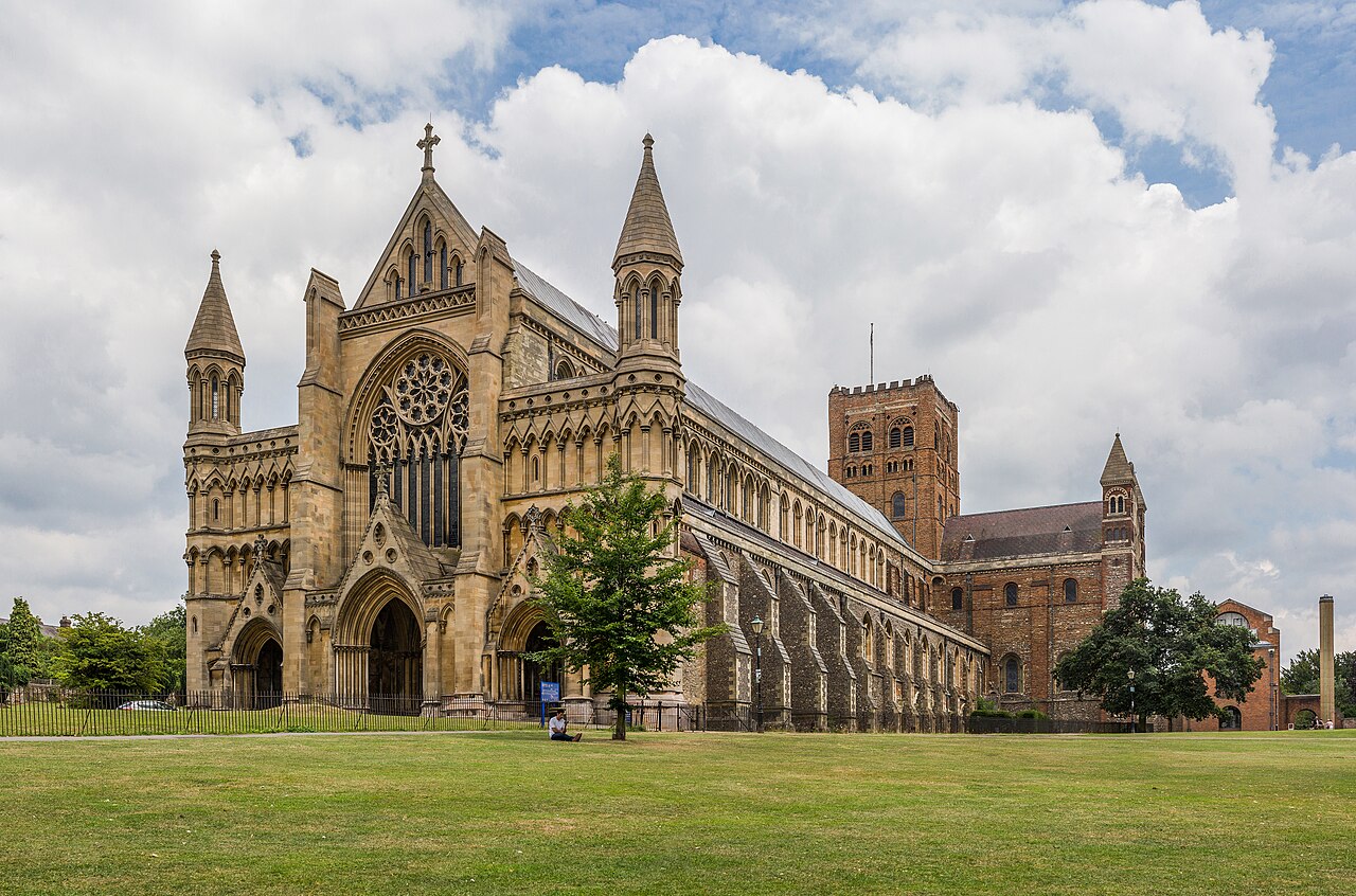 West front of St Albans Cathedral with lawn in the foreground