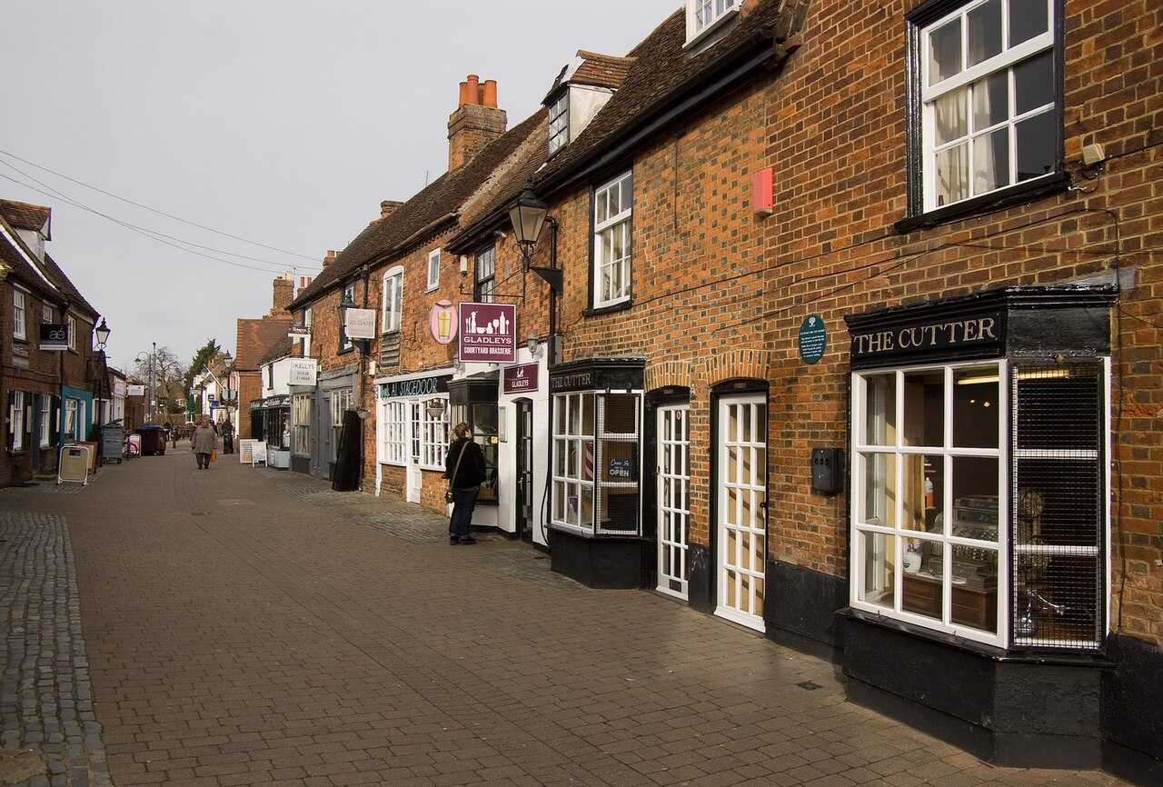 Shops and historic buildings along Middle Row in Stevenage Old Town