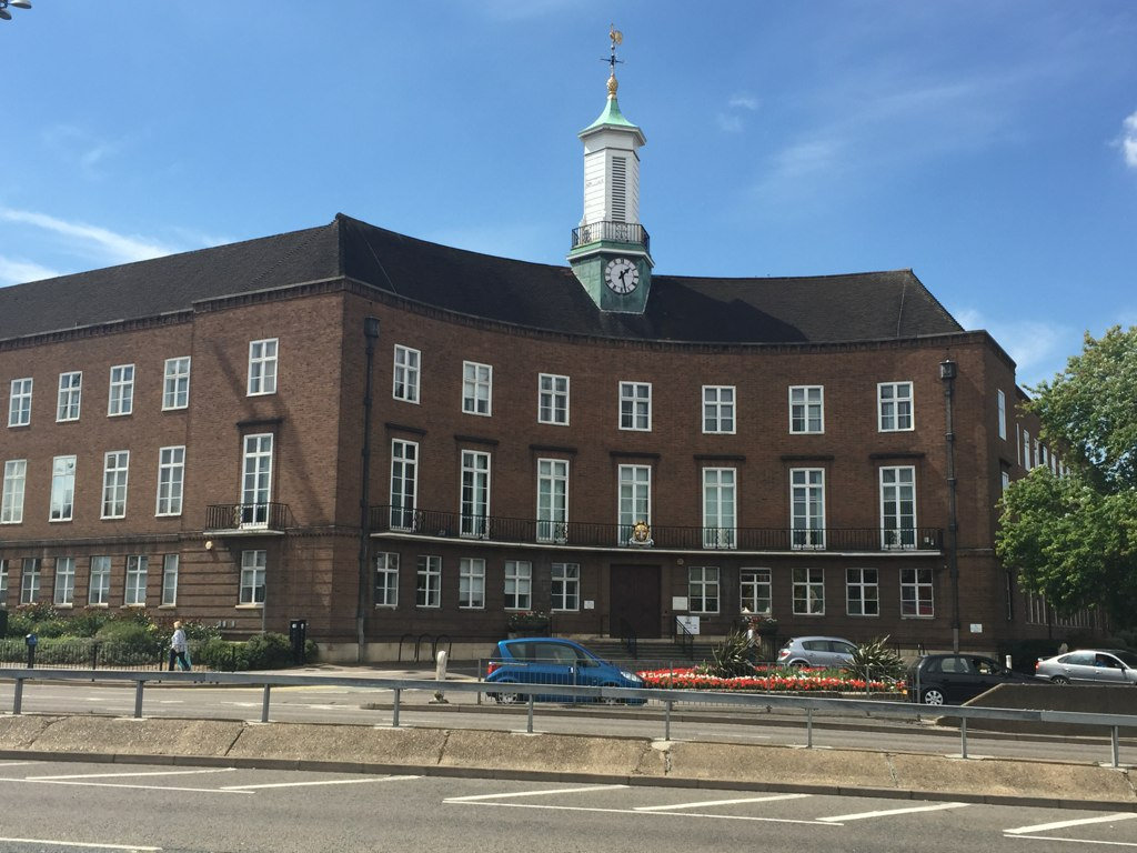 Watford Town Hall with its central clock tower