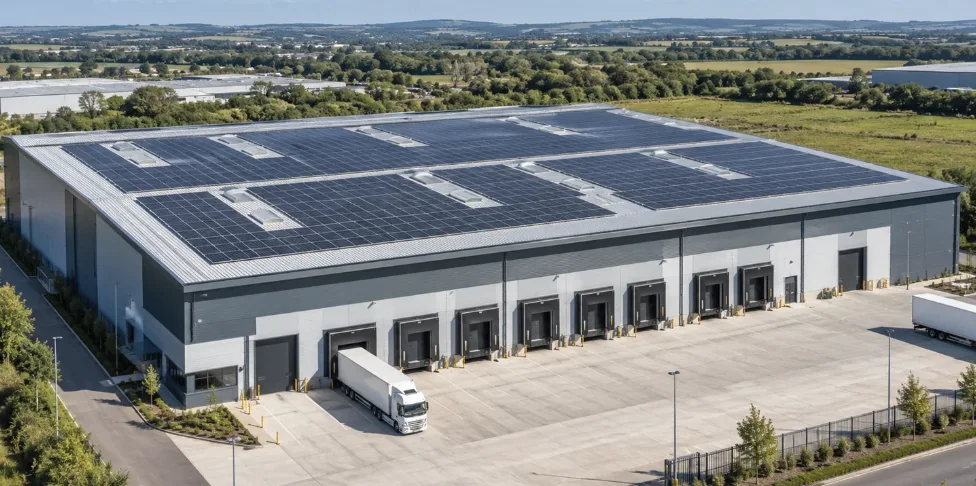 Large solar array on a distribution warehouse roof