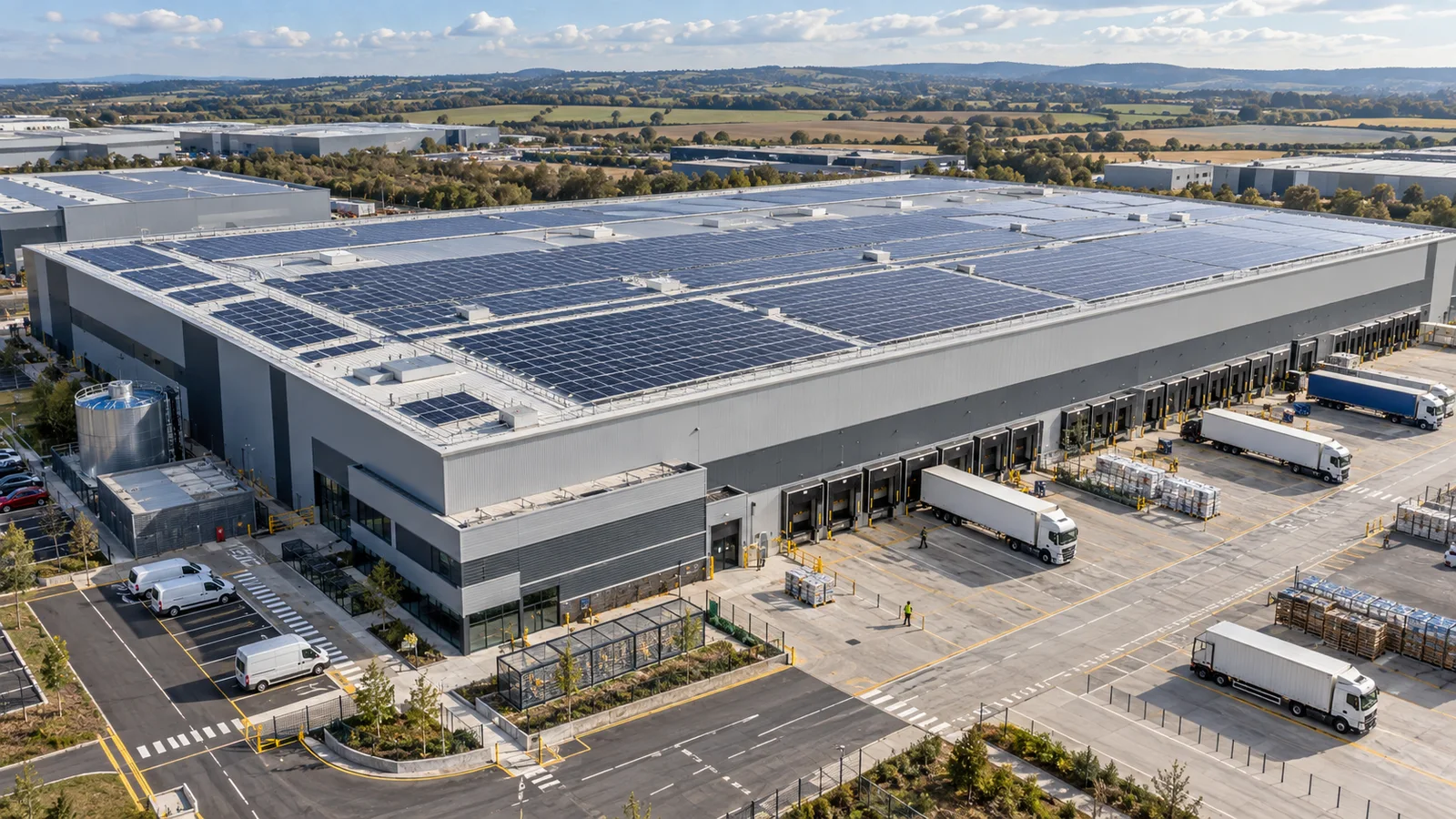 Expansive solar array on a fulfilment warehouse roof