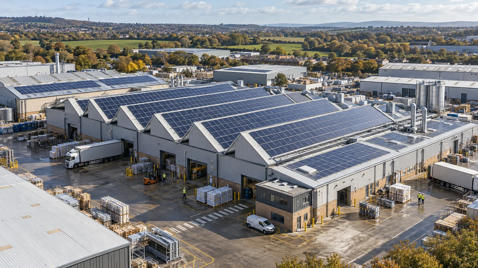 Solar panels covering multiple industrial building roofs