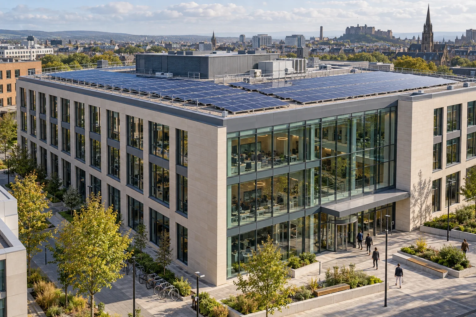 Rooftop solar installation on a commercial office building