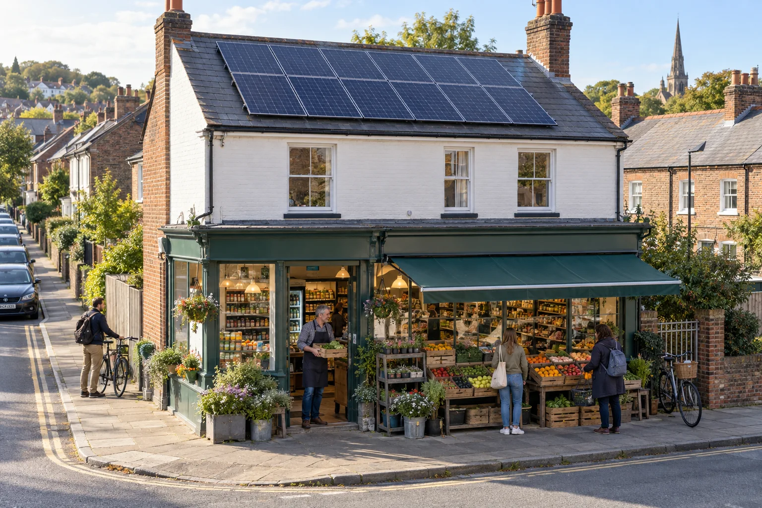 Solar panels on the roof of a neighbourhood retail building