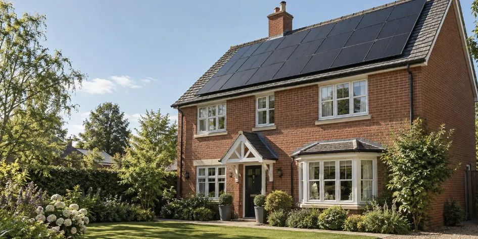 Solar panels across the roof of a detached brick home