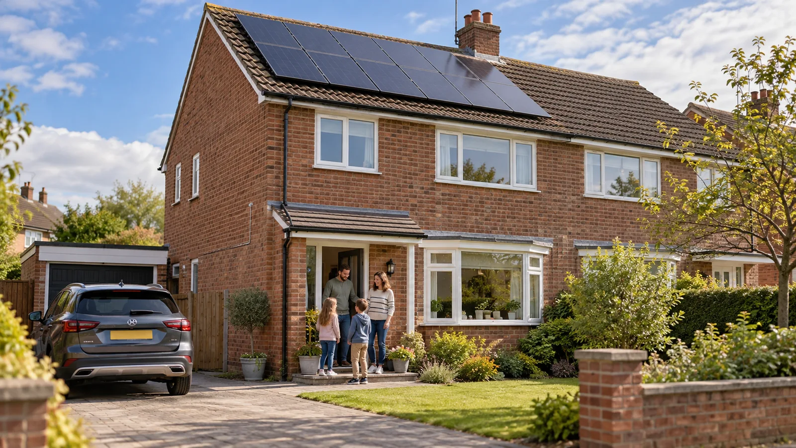 Roof-mounted solar panels on a family home