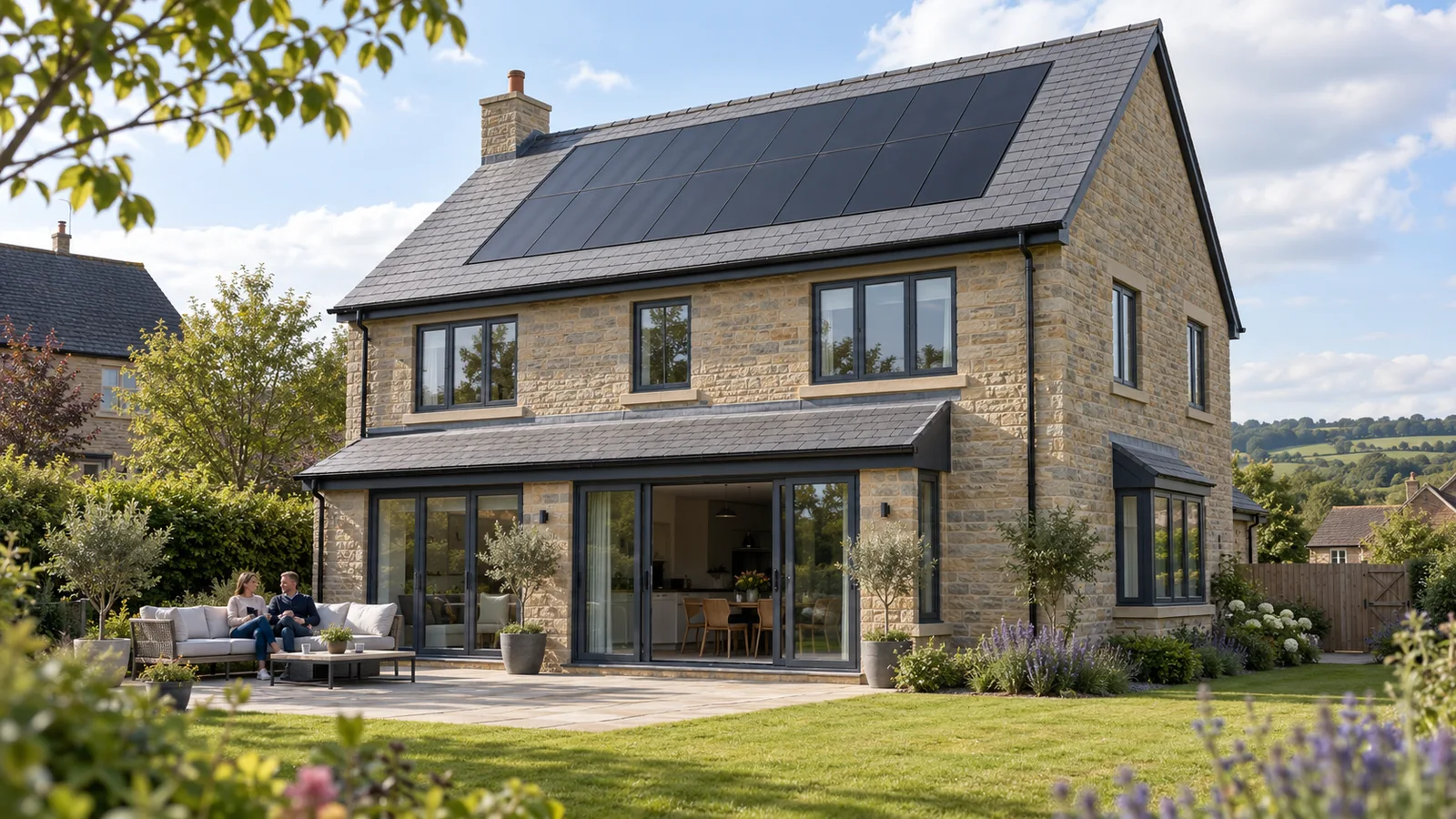 Solar array installed on a stone home's roof
