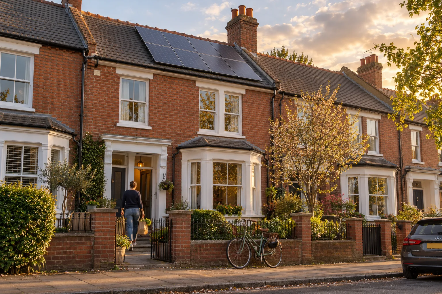 Solar panels installed on the roof of a brick terraced home